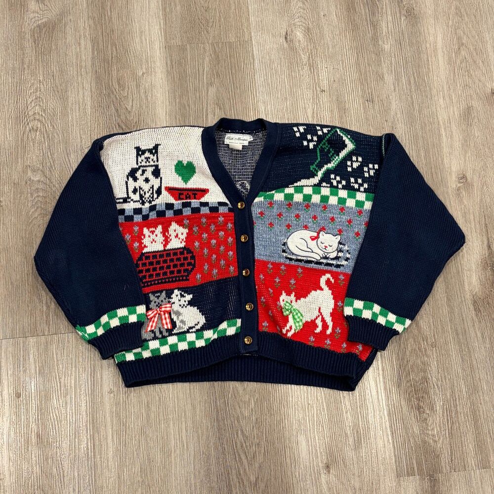 RARE Vintage 80s Patchwork I Love Cats Cotton Knit Cardigan Women's Size L